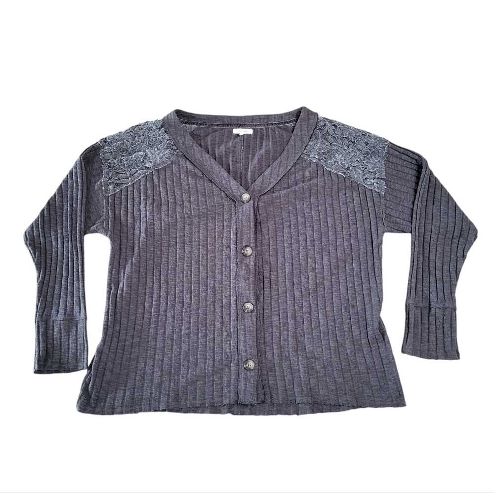 Maurices Boho Front Button V Neck Cardigan Sweater Rib Knit Size 2X Lace Gray